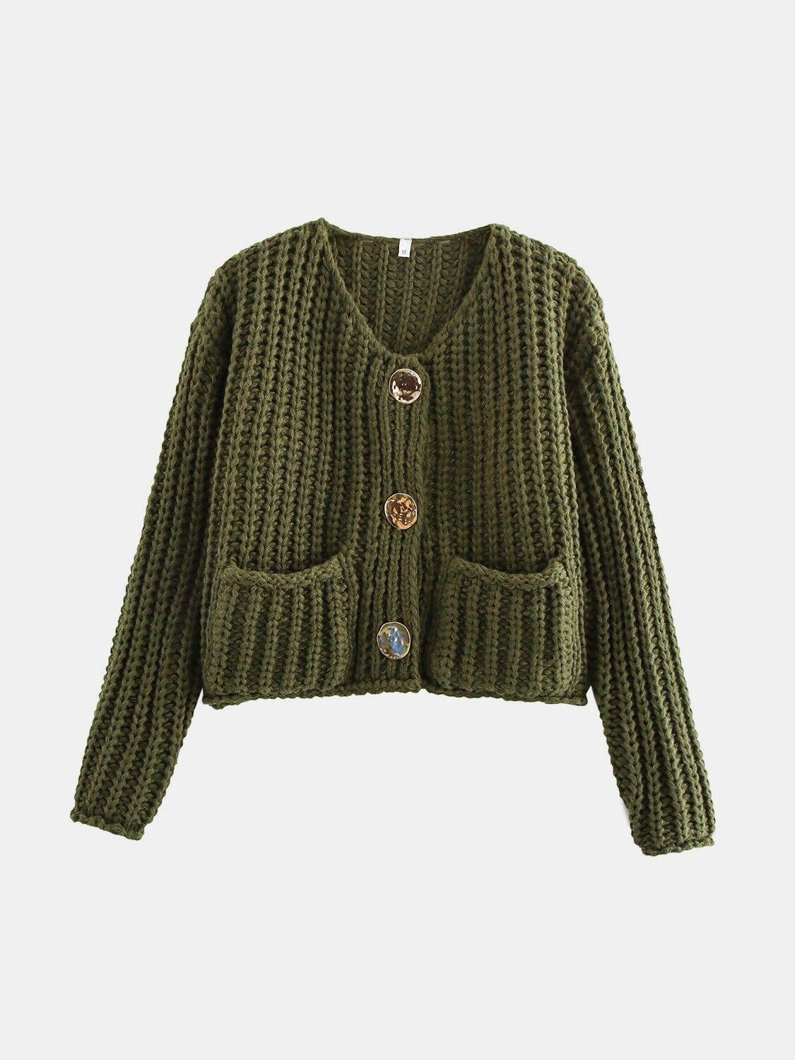 Buttoned Cardigan Women Front Pockets Single Breasted Knit Acrylic Sweater