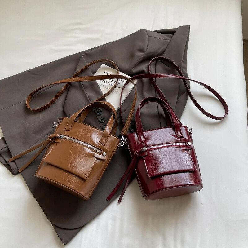 Tote Mini Handbags Women Glazed Leather Zipper Outer Pocket Crossbody Bags