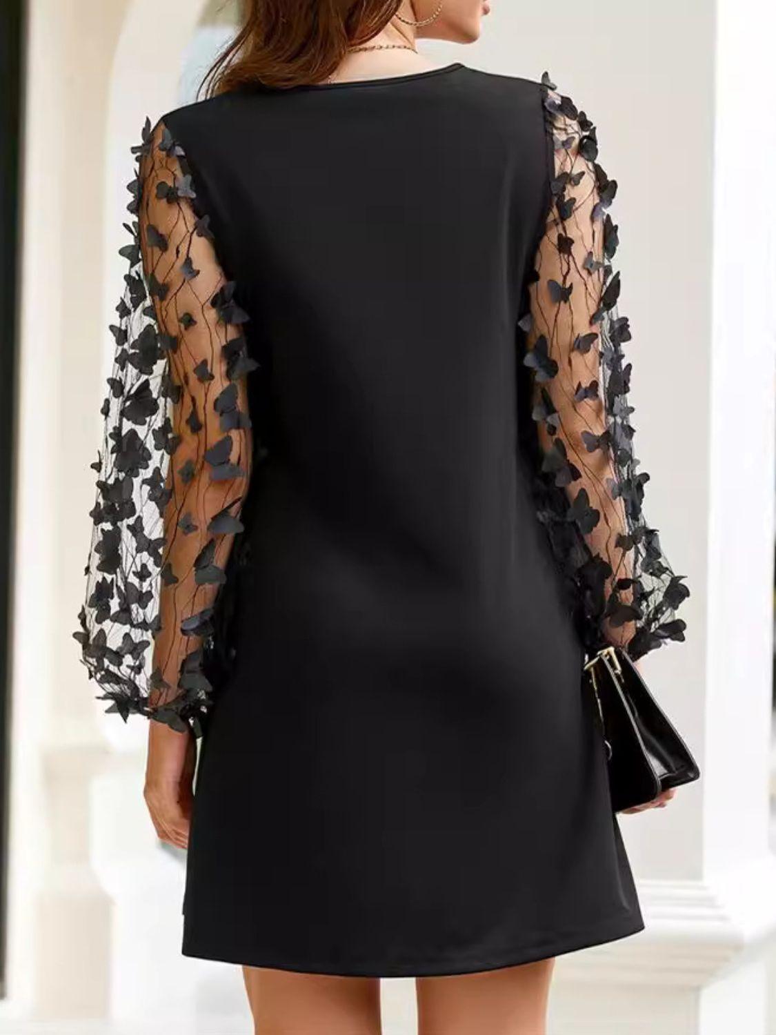 Black Mini Dress Butterfly Mesh Long Sleeve Round Neck Semi-sheer 57_45ccf6f9-5799-4b56-abd0-ce641448fabf STYLEINGER