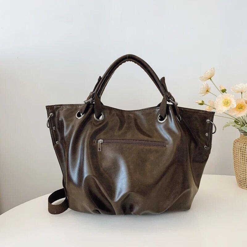 Leather Tote Bags Extra Large Women Zipper Double Handles Soft Pleated Handbag