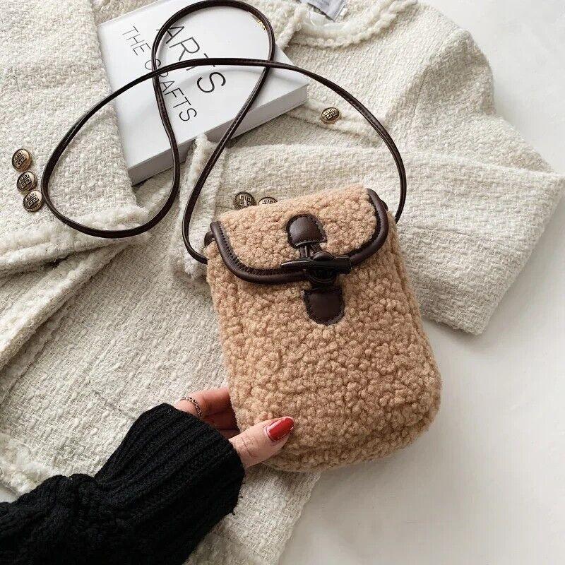 Mini Soft Lamb Down Fabric Plush Women's Toggle Flap Crossbody Phone Purses Khaki #1