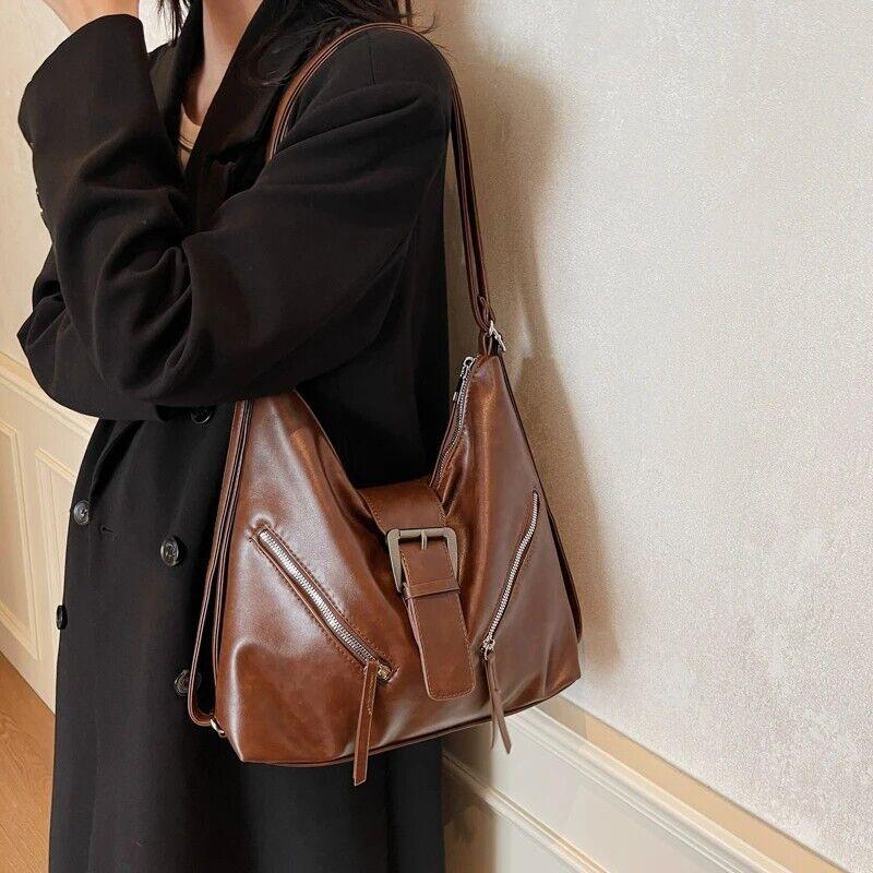 Medium Shoulder Bags Belt Buckle Style Outer Zipper Pockets Leather Backpacks