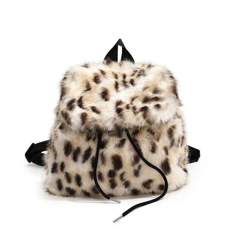 Faux Fur Small Leopard Backpacks Women's Flap Drawstring Soft Solid Shoulder Bag