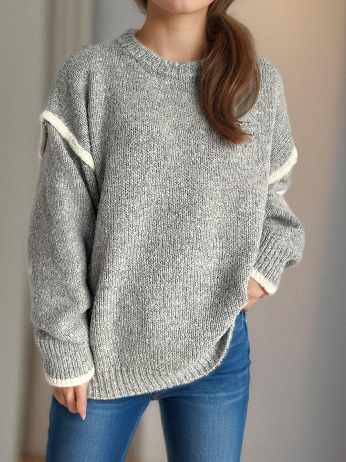 Women Contrast Trim Sweater Round Neck Dropped Shoulder Long Sleeve Pullover 57_4e1e8922-ddf3-449a-8358-c3db4618b46f STYLEINGER