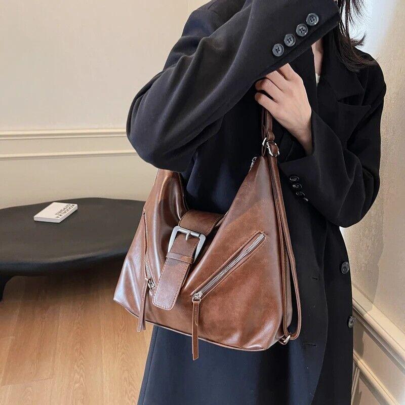 Medium Shoulder Bags Belt Buckle Style Outer Zipper Pockets Leather Backpacks