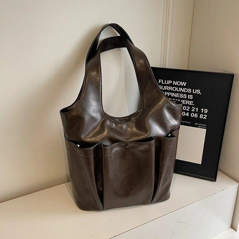 Large Leather Shoulder Bags 3 Outer Pleated Pockets Style Zipper Women Handbags