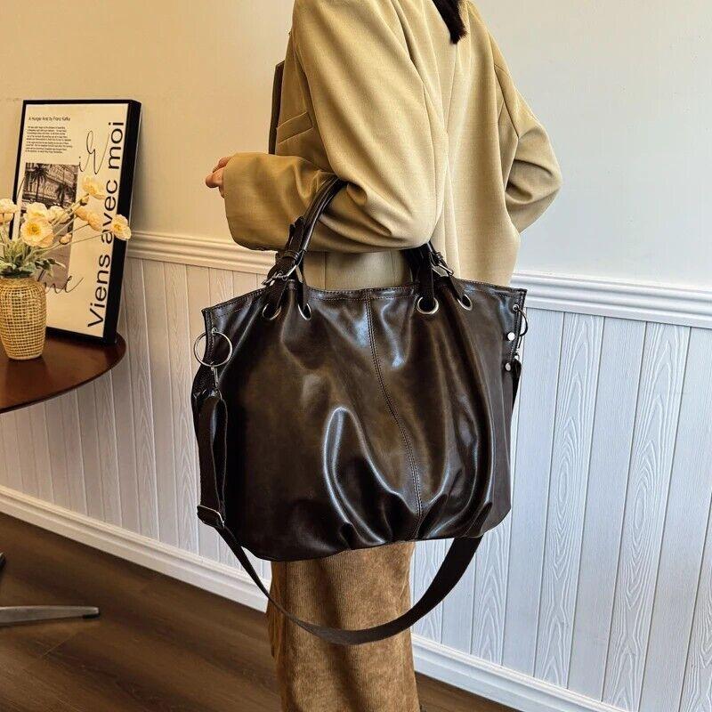 Leather Tote Bags Extra Large Women Zipper Double Handles Soft Pleated Handbag