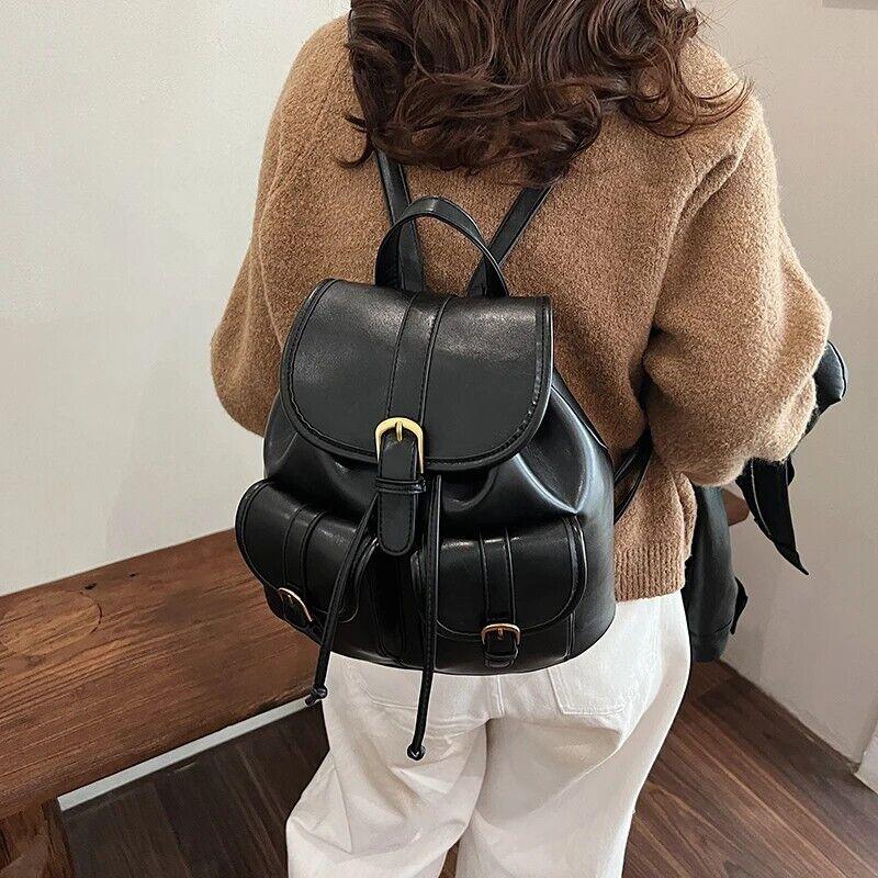 Retro Leather Backpacks Medium Outer Flap Pockets Drawstring Snap Handbags