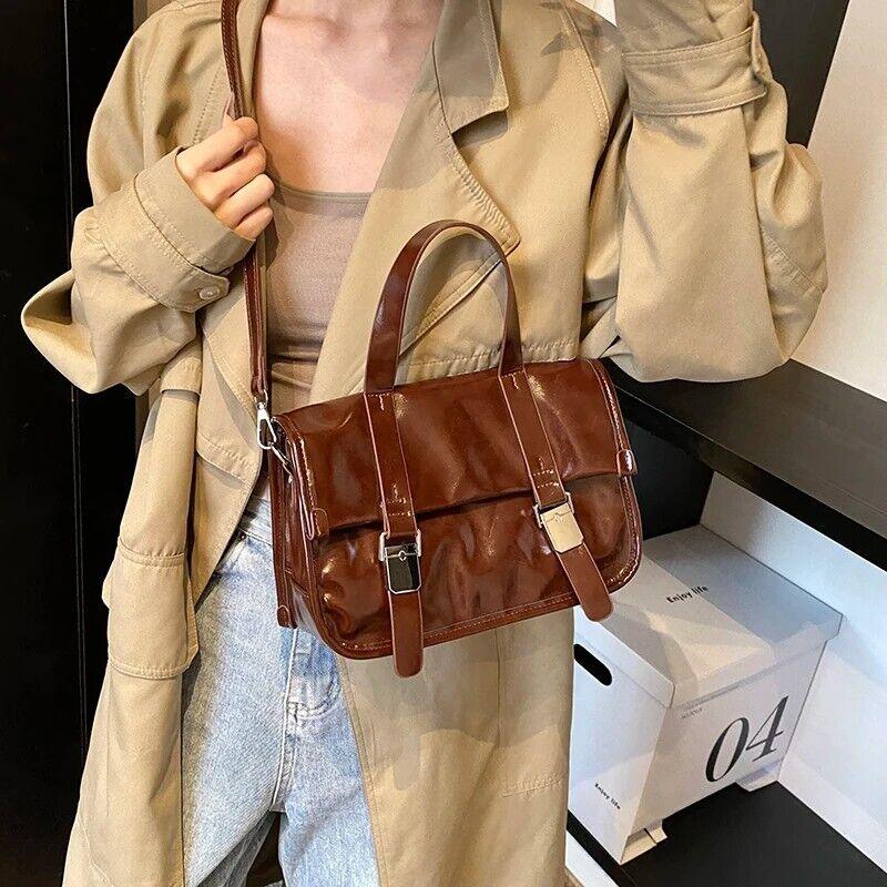 Medium Leather Satchel Bags Flap Push Lock Women's Flap Zipper Crossbody Bags