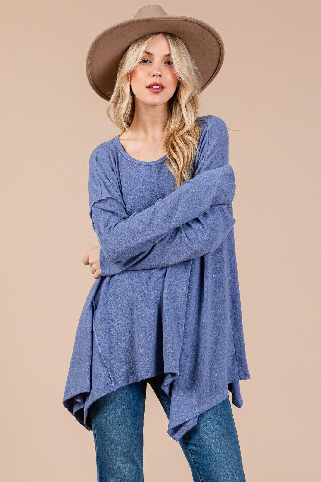 Ces Femme Top Oversized Women Asymmetrical Long Sleeve Dusty Blue Exposed Seams 57_531734fd-b30b-4723-814d-047008f5c379 Trendsi