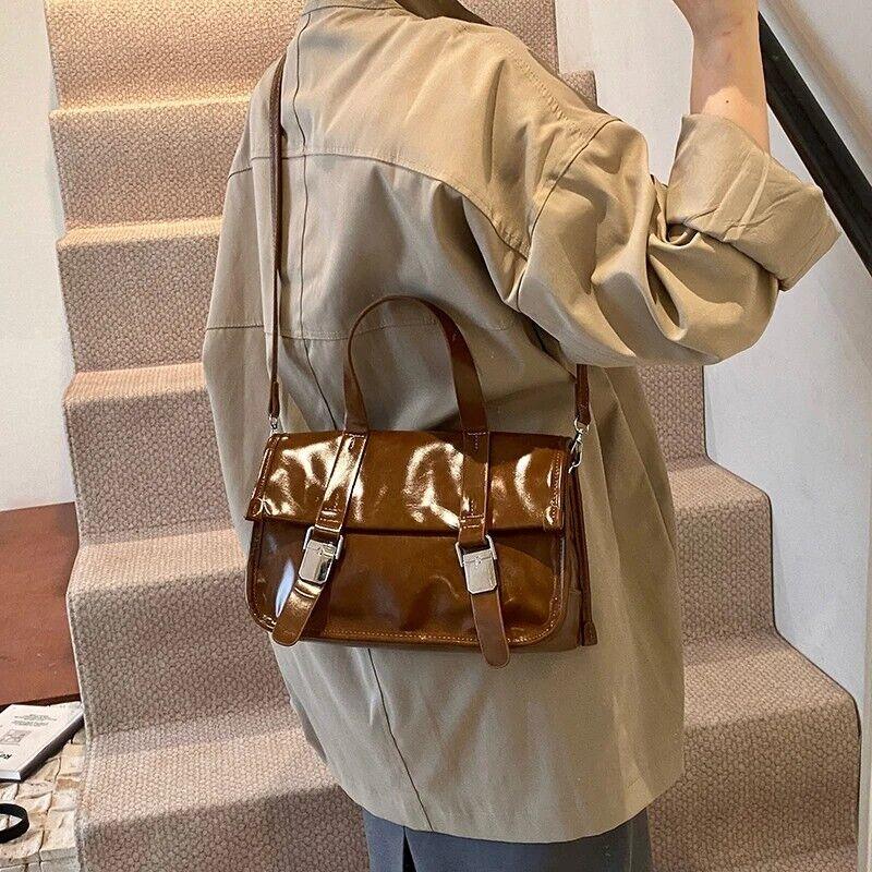 Medium Leather Satchel Bags Flap Push Lock Women's Flap Zipper Crossbody Bags