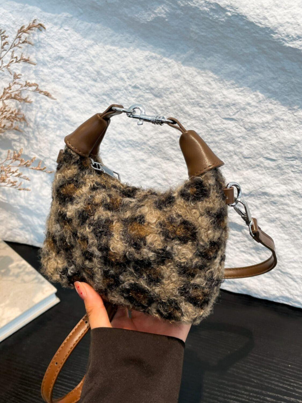 Mini Plaid Handbag Fuzzy Polyester Lock Handle Zipper Crossbody Coffee Brown 57_53bb7f5d-9d64-426a-bf1c-89a83c6e32eb STYLEINGER