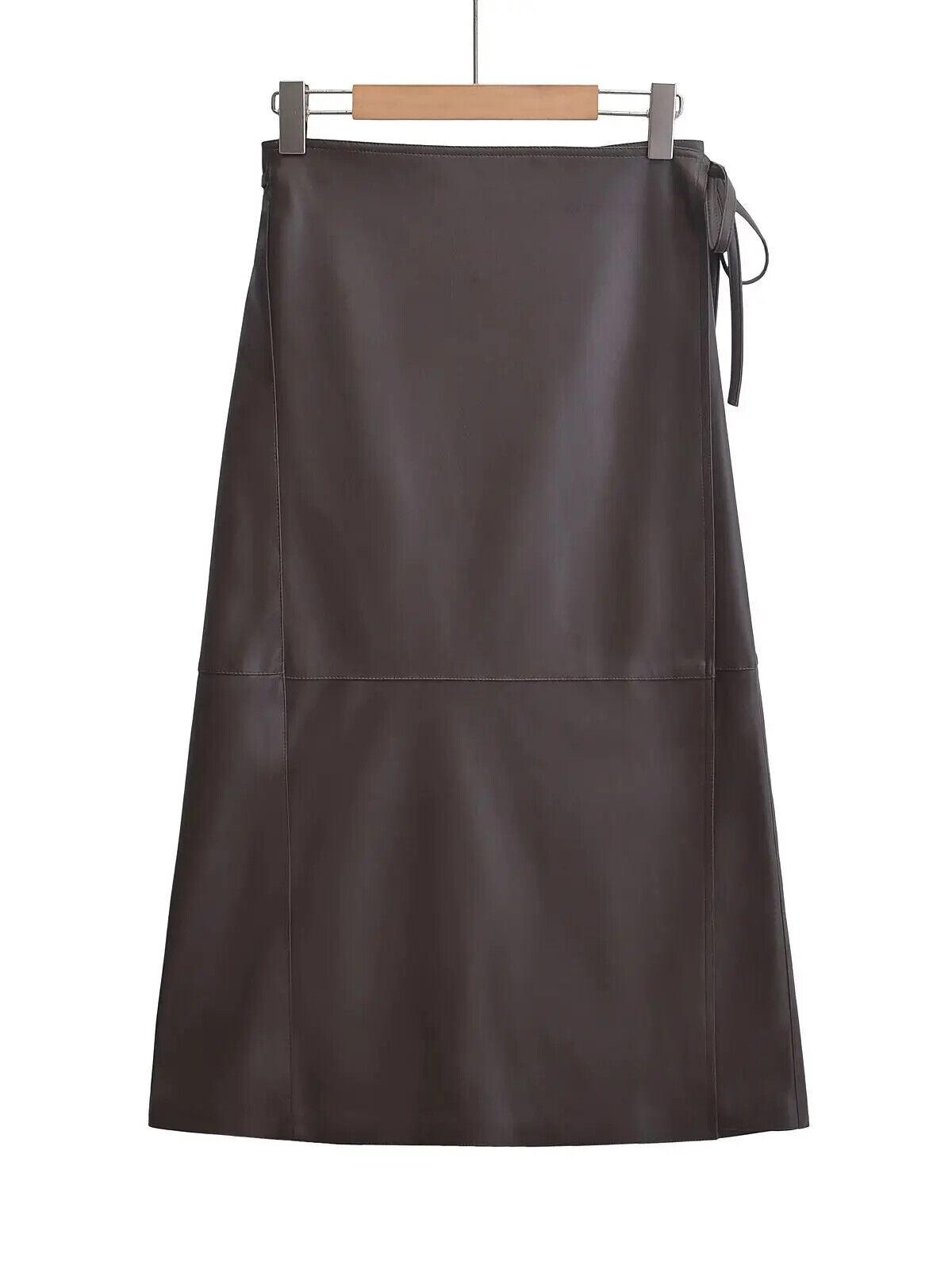 Midi Skirt Women's Faux Leather Lace-up Side A-Line High Waist Wrap Belt Tie Dark Brown 57_57c32f68-f531-4cf9-8633-5b148c76644f STYLEINGER