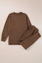Outfit Set Women Cotton Blend Casual Round Neck Side Slit Sweatshirt and Pant 57_57e781ff-57d8-4705-85cd-c05ac273af61 STYLEINGER