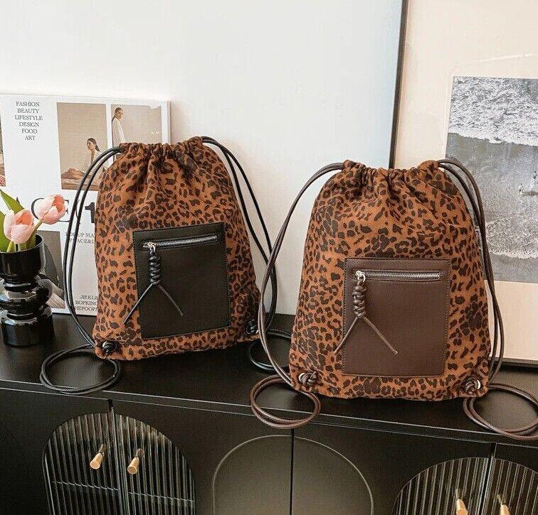 Nubuck Leather Leopard Backpacks Drawstring Large Soft Outer Zip Pocket Handbags