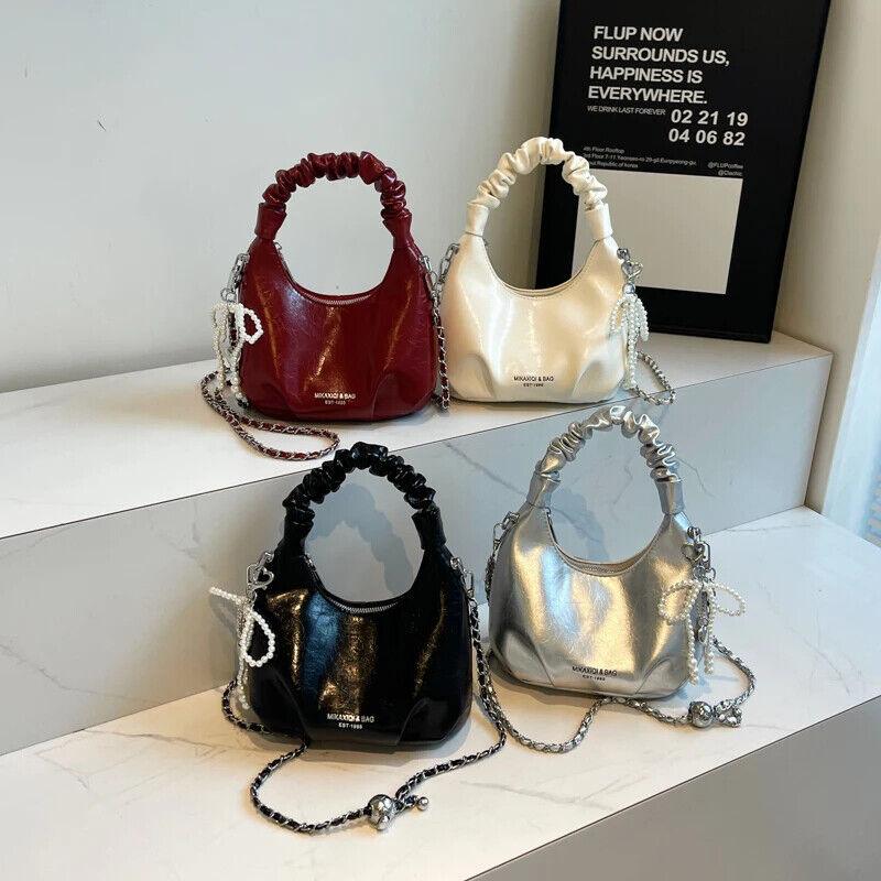 Tote Mini Handbag Chain Strap Women Glazed Leather Zipper Pearl Tassel Crossbody