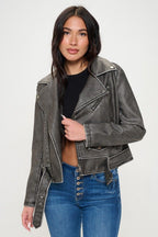 Coalition LA 100% Vegan Leather Black Zip Up Biker Jacket Pocketed with Belt 57_5a3ba936-9d67-4b03-a229-bc3244df8608 STYLEINGER