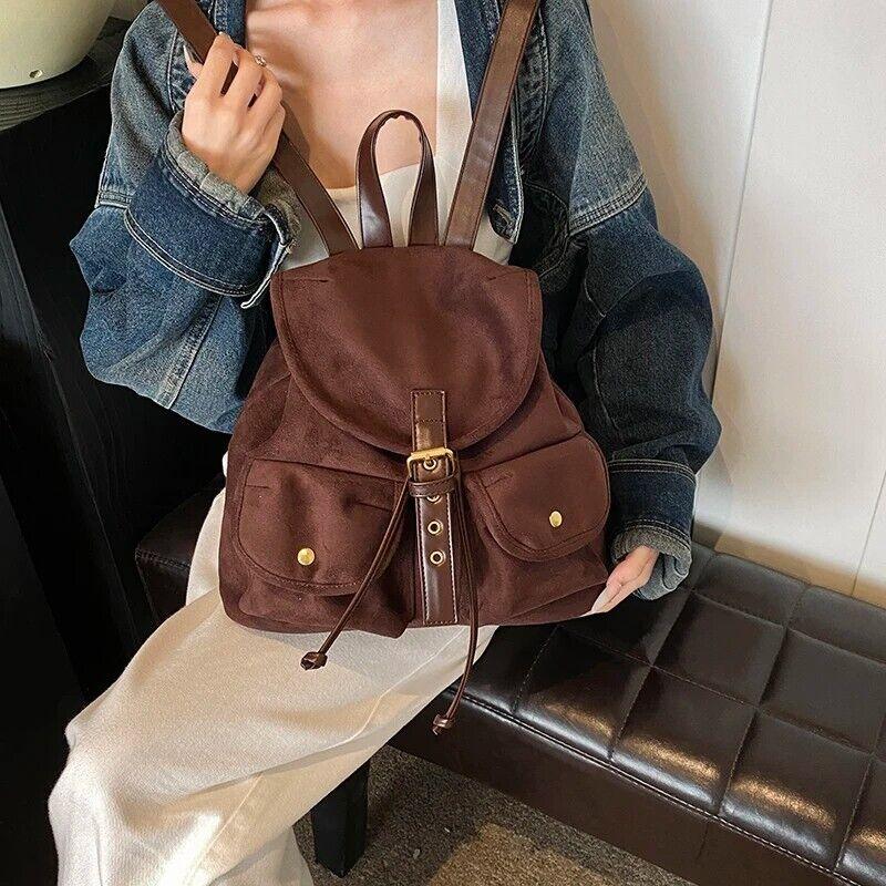 Suede Women Backpacks Soft Flap Outer Pockets Drawstring Medium Shoulder Bags