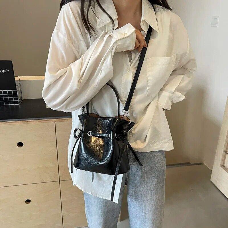 Mini Leather Bucket Bags Soft 2 in 1 Removable Pouch Drawstring Snap Crossbody