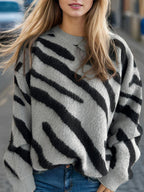 Women Knit Sweater Zebra Contrast Pattern Round Neck Long Sleeve Pullover Dark Gray One Size 57_5c15e1ba-f21a-4dcc-a885-3b49330c5229 STYLEINGER