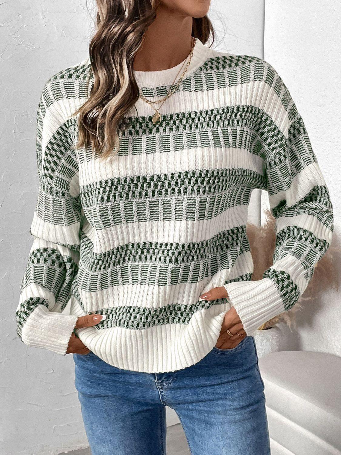 Sweater Contrast Striped Round Neck Long Sleeve Women's Soft Casual Knitwear 57_5c3450f0-cf71-44bf-ae49-65839eacf51c STYLEINGER