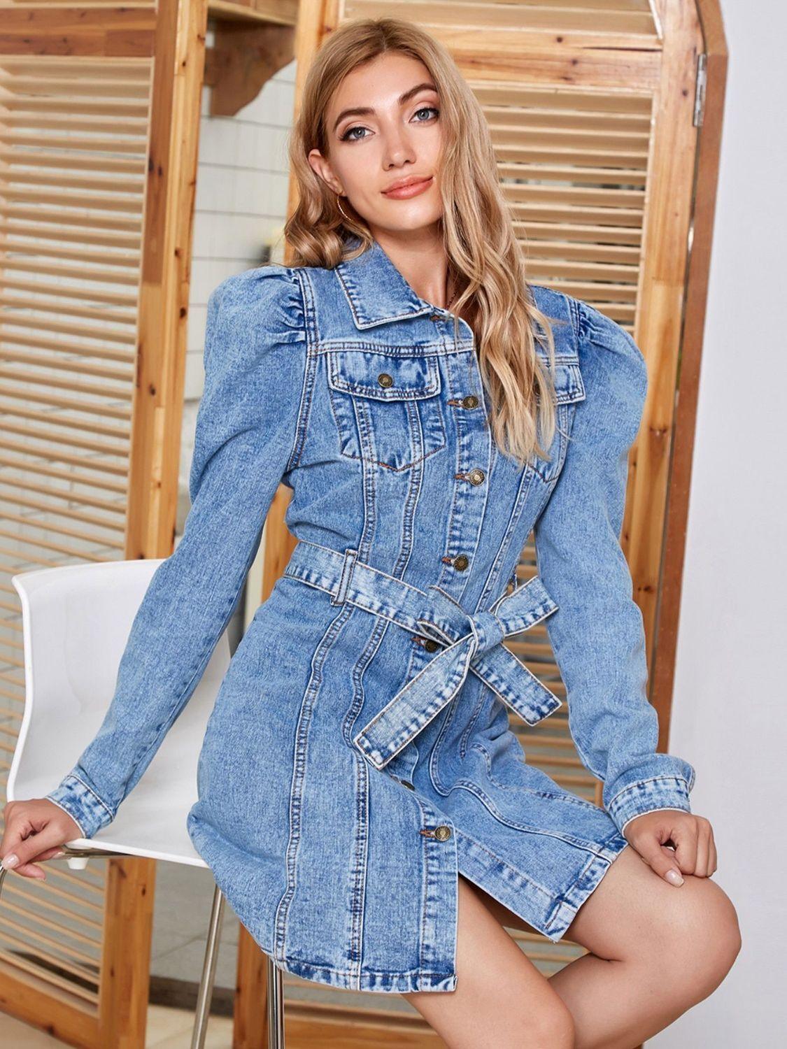 Denim Shirt Dress Tied Button Up Collared Neck Puff Long Sleeve with Belt