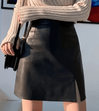 Leather Mini Skirt Black Front Slit A-Line Women's Fashionable Solid Short Skirt 57_5e12bf03-a5ae-4c5a-96fe-f49451eb9e62 STYLEINGER