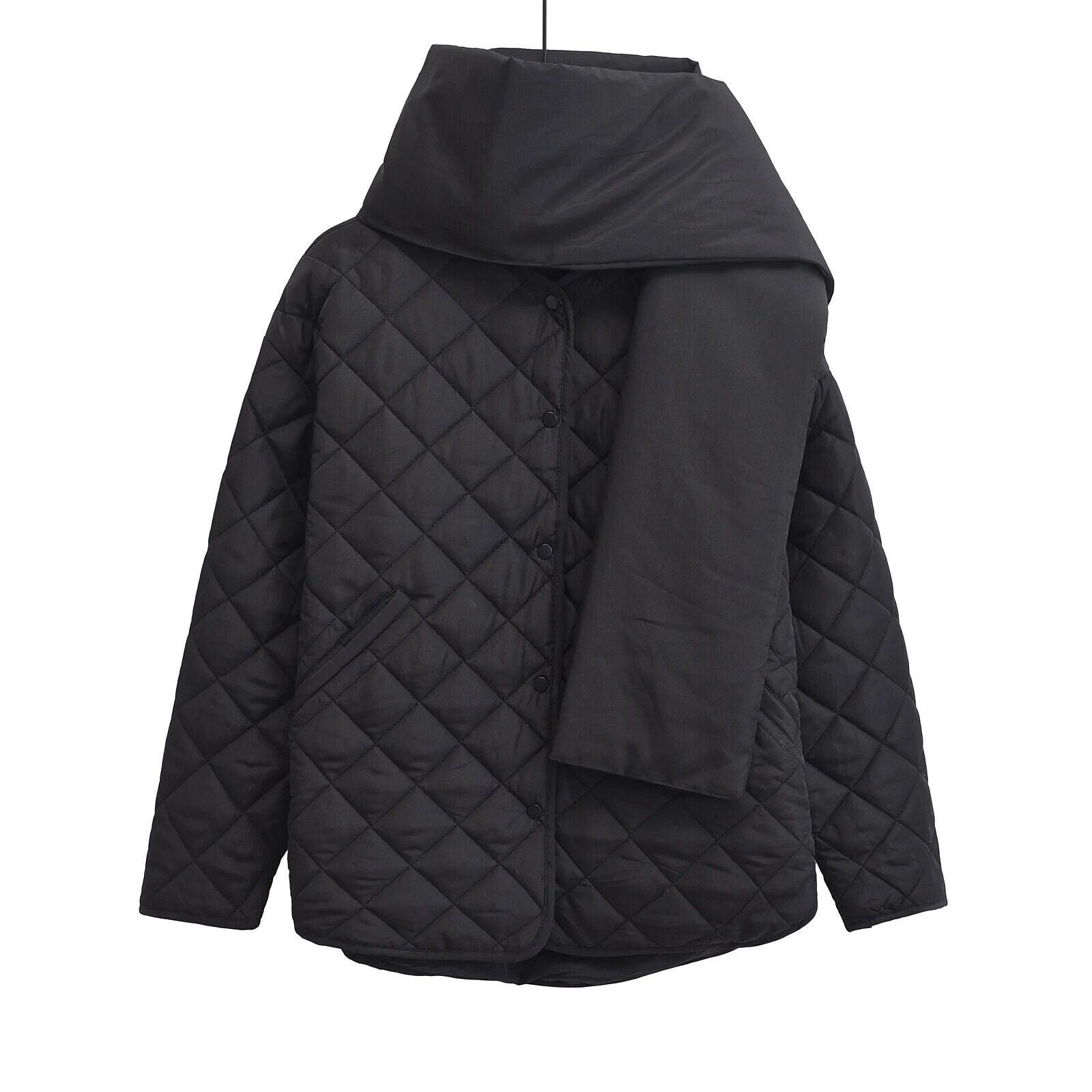 Women's Padded Jacket Twist Collared Wide Waisted Argyle Diamond Pocketed Coat Black 57_5f48bfbc-f2ac-496a-9219-af88a2a01829 STYLEINGER