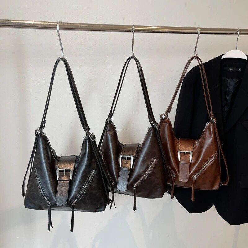 Medium Shoulder Bags Belt Buckle Style Outer Zipper Pockets Leather Backpacks