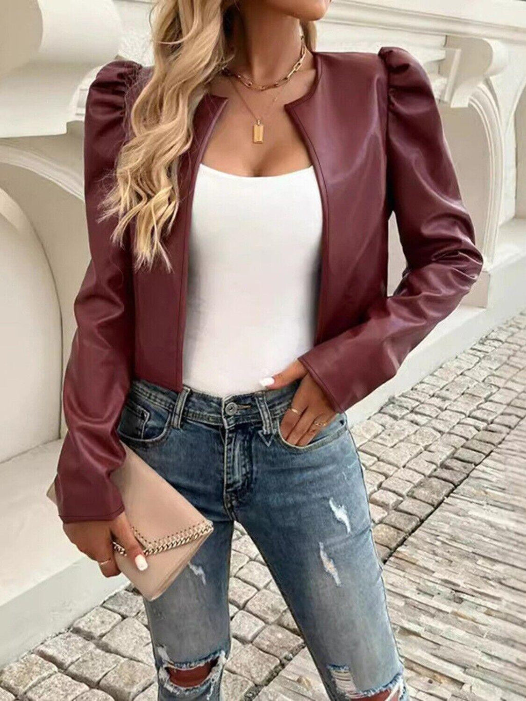 Faux Leather Cropped Jacket Open Front Puff Long Sleeve Women's Outwear Burgundy 57_626f14c5-259e-4f2d-9e3d-e034e78fefdd STYLEINGER