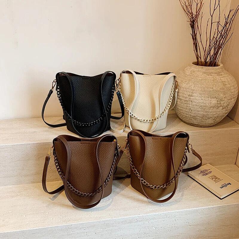Leather Bucket Bags Small 2 in 1 Snap and Zipper Women's Chain Handle Purses