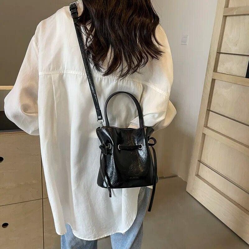 Mini Leather Bucket Bags Soft 2 in 1 Removable Pouch Drawstring Snap Crossbody