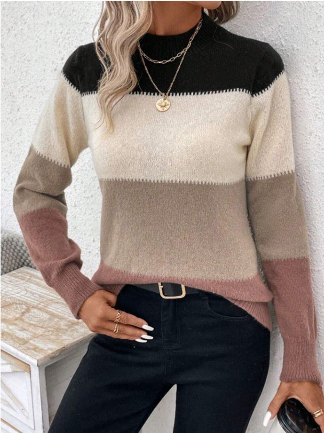 Striped Women Sweater Color Block Mock Neck Long Sleeve Soft Acrylic Pullover 57_6615ca21-aaa2-4d8a-9912-a6ace38b5532 STYLEINGER