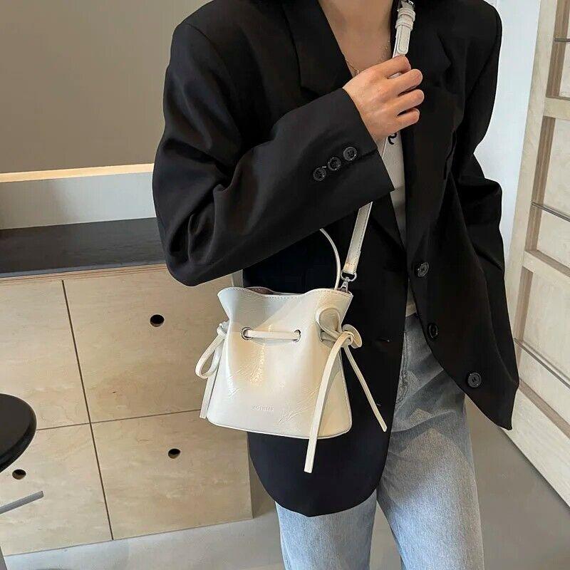 Mini Leather Bucket Bags Soft 2 in 1 Removable Pouch Drawstring Snap Crossbody