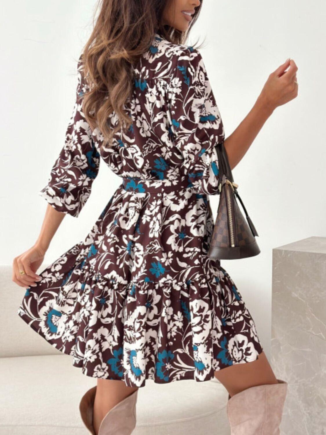 Floral Shirt Dress Ruffle Hem Long Sleeve Single Breasted Belted Casual Short