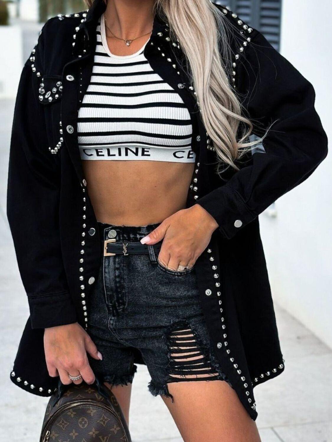 Studded Black Denim Shacket Snap Down Long Sleeve Belted Outwear