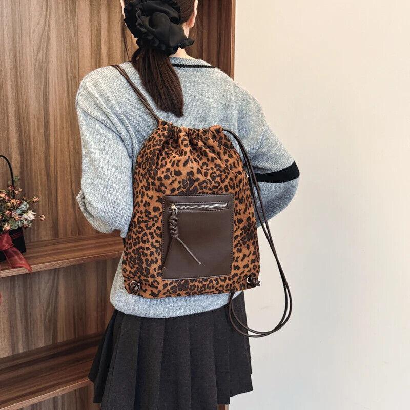 Nubuck Leather Leopard Backpacks Drawstring Large Soft Outer Zip Pocket Handbags