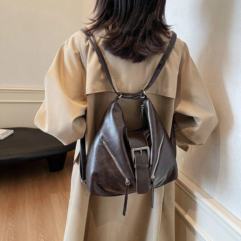 Medium Shoulder Bags Belt Buckle Style Outer Zipper Pockets Leather Backpacks