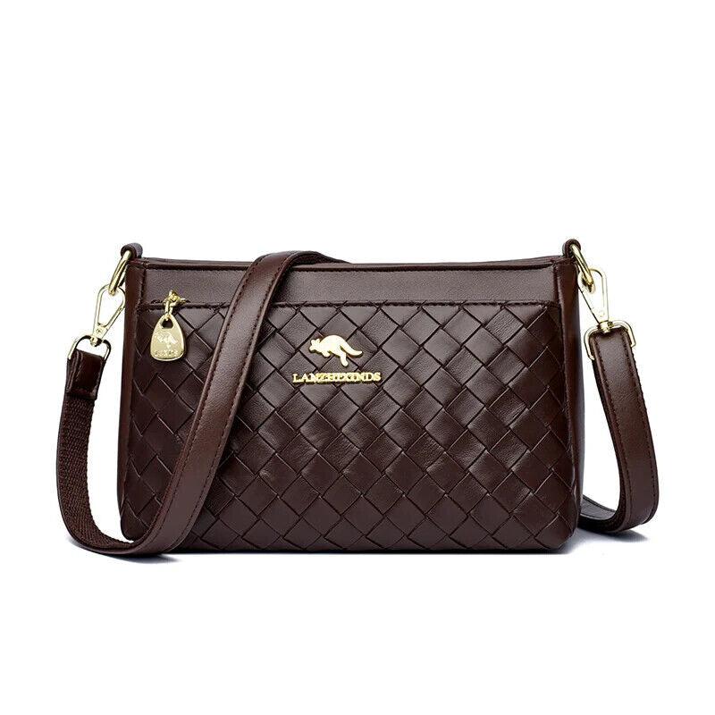 Genuine Leather Woven Diamond Pattern Crossbody Bags Women Small Zipper Purses