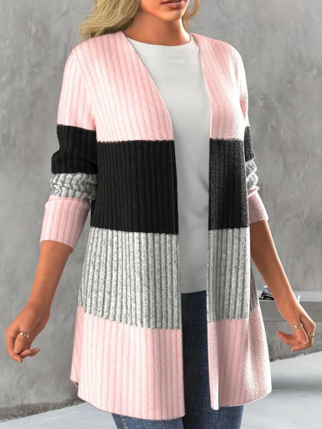 Striped Cardigan Color Block Open Front Long Sleeve Women's Knit Sweater
