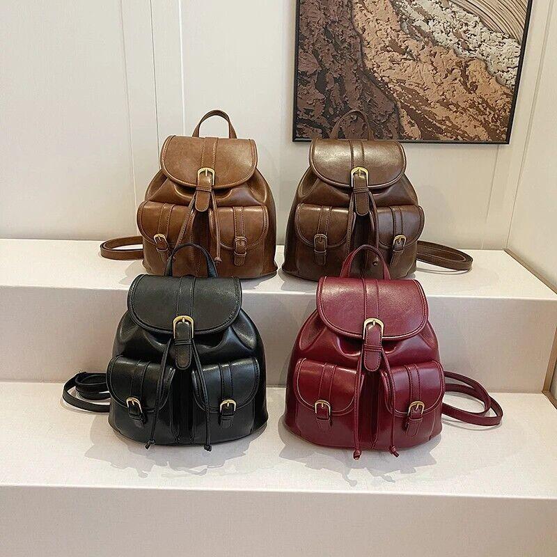 Retro Leather Backpacks Medium Outer Flap Pockets Drawstring Snap Handbags