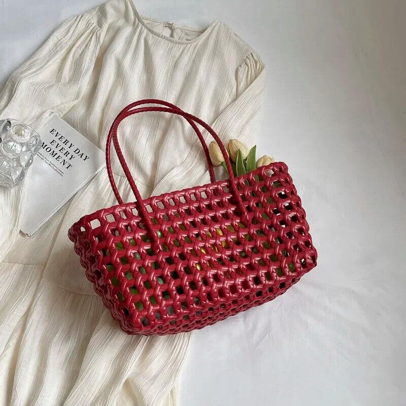 Woven Plaid Tote Basket Women Handbags PVC Open Double Handles Shopper Bags