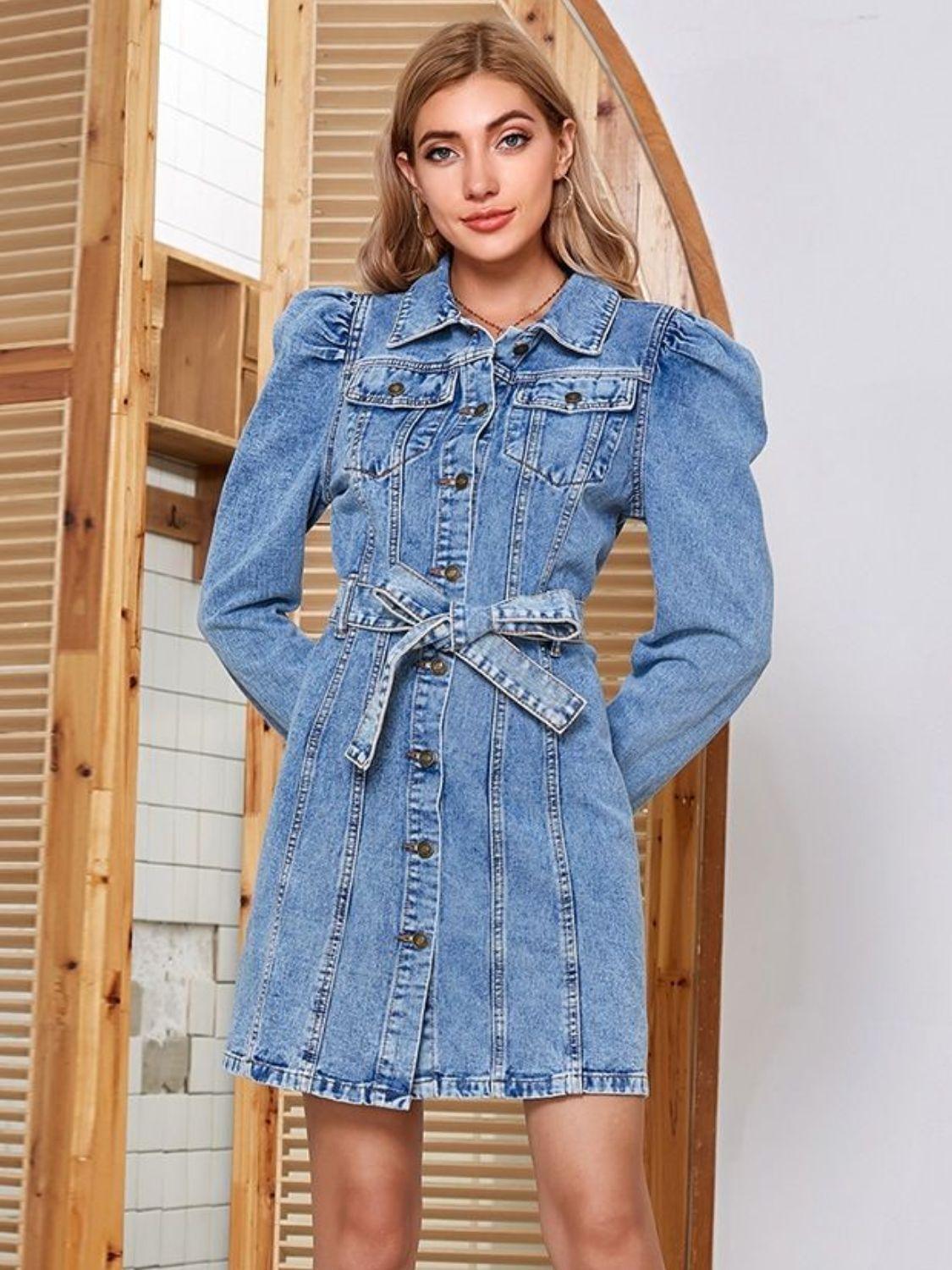 Denim Shirt Dress Tied Button Up Collared Neck Puff Long Sleeve with Belt