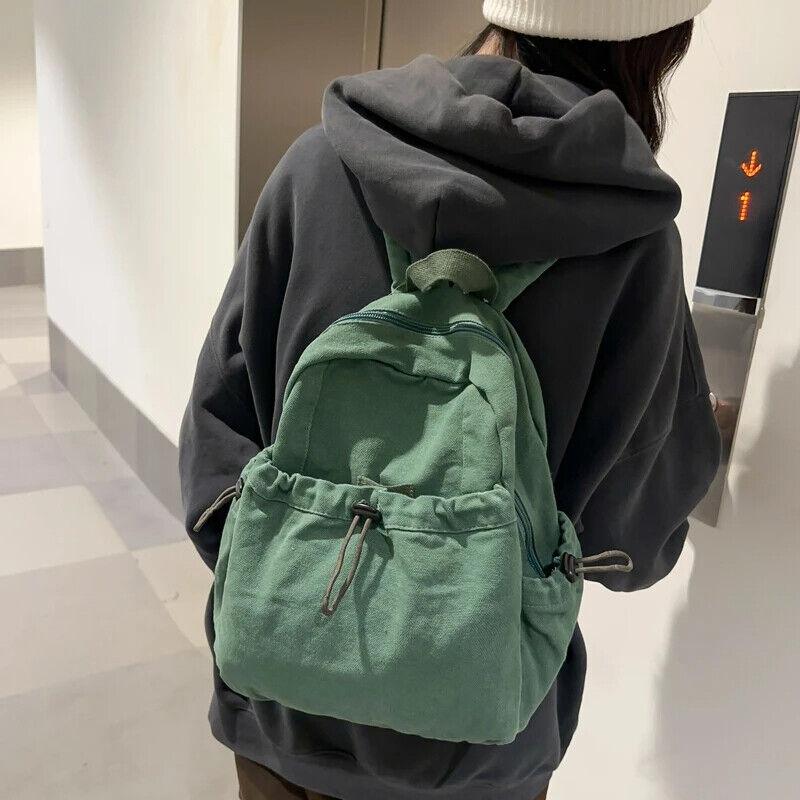 Canvas Backpacks Medium Zipper Drawstring Outer Pocket Casual Shoulder Bags