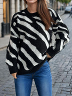 Women Knit Sweater Zebra Contrast Pattern Round Neck Long Sleeve Pullover 57_70be005a-aad1-4560-a1fe-992f9245d5af STYLEINGER