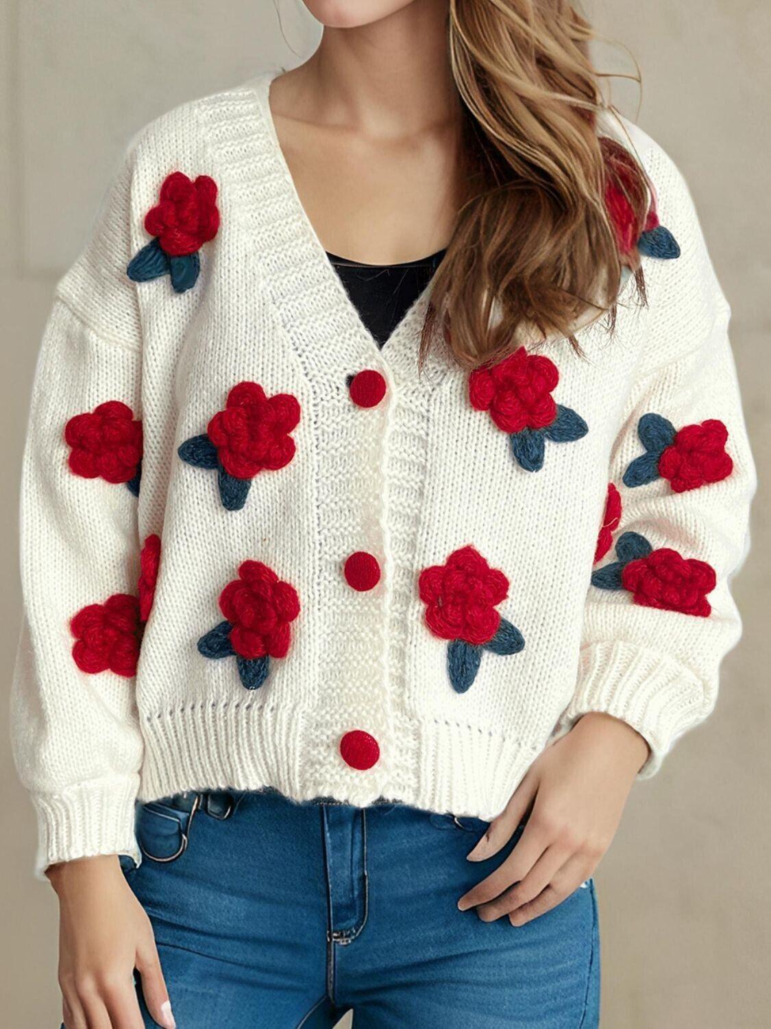 Flower Cardigan Women Knit Single Breasted V Neck Long Sleeve Knitwear Red One Size