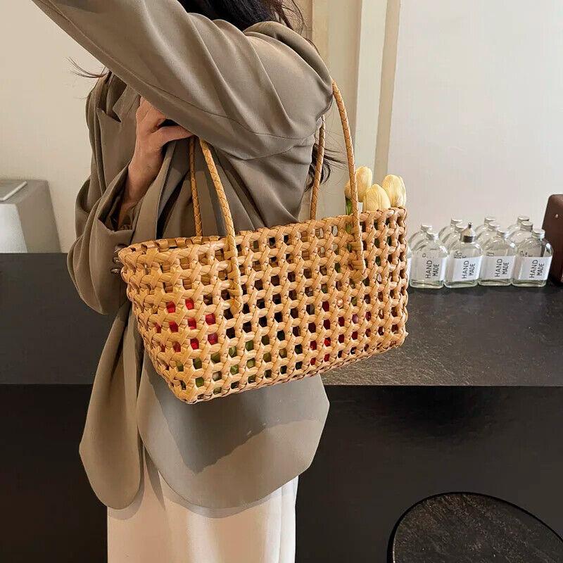 Woven Plaid Tote Basket Women Handbags PVC Open Double Handles Shopper Bags