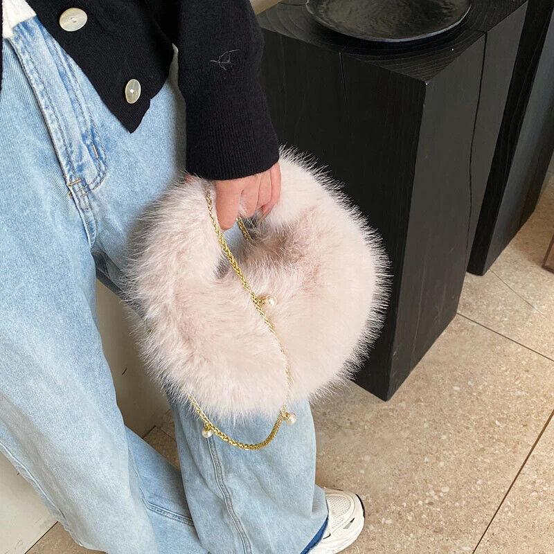 Faux Fur Crossbody Bags Women's Soft Chain Strap Snap Short Wrist Handle Purses