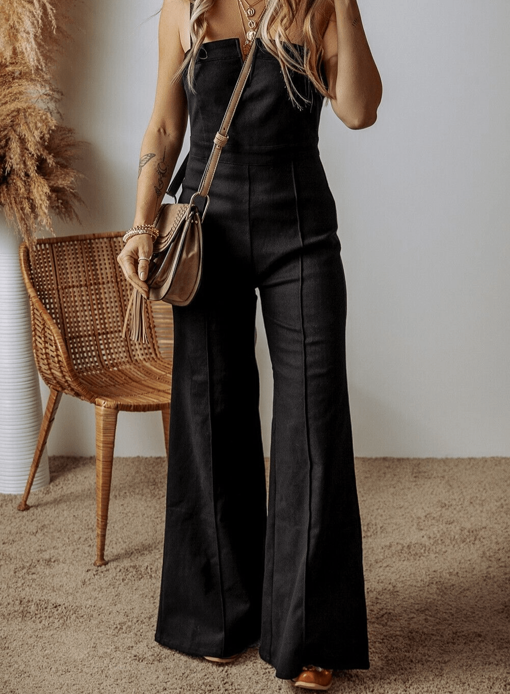 Denim Black Jumpsuit Spaghetti Straps Flare Wide Leg Cotton Blend Women Overall