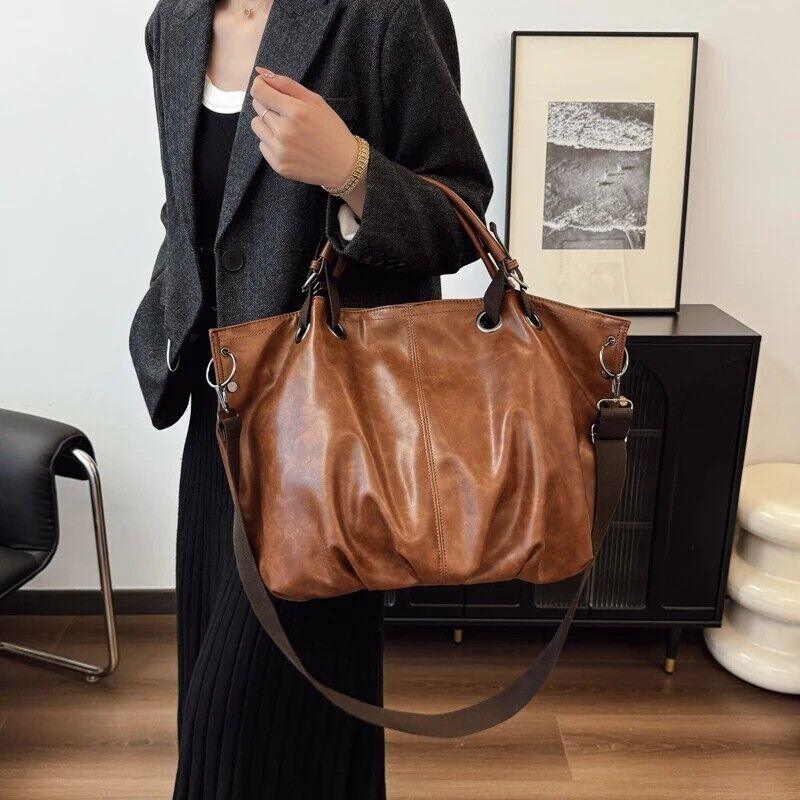 Leather Tote Bags Extra Large Women Zipper Double Handles Soft Pleated Handbag